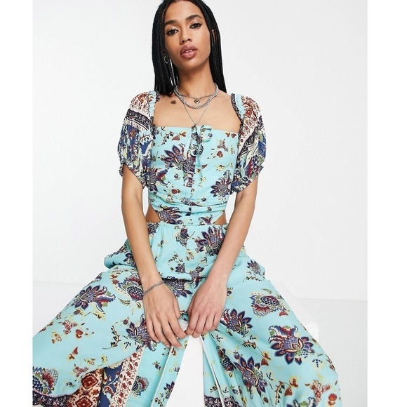 FREE People Blue Bali Citrus Skies Paisley Puff Sleeve Jumpsuit size Small - Picture 11 of 11